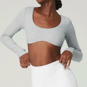 Alo Ribbed Defined Long Sleeve Bra Top in Athletic Heather Gray